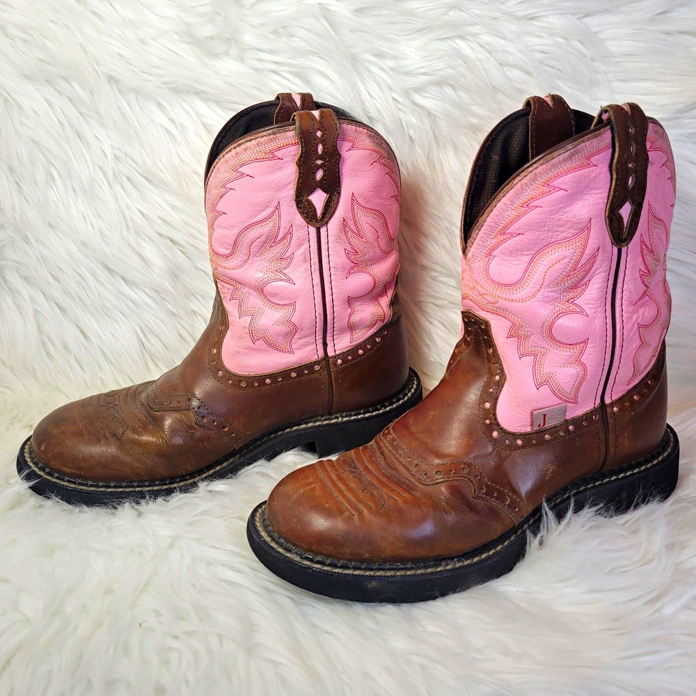 Vtg Women's Cowboy Boots Justin Gypsy Pink Brown Western Size 6.5 B